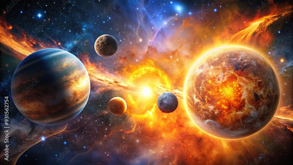 Cosmic collision of celestial bodies with fiery energy bursts and dynamic planetary interactions, cosmos Cosmic collision of celestial bodies with fiery energy bursts and dynamic planetary interactions, cosmos