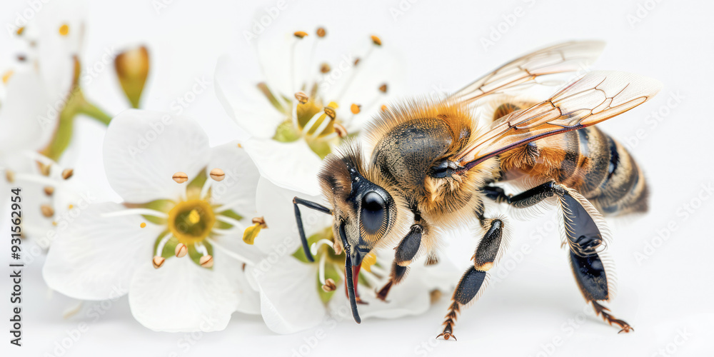 Close-up of a honeybee collecting pollen from a vibrant flower, highlighting its detailed wings and the nectar-filled bloom Close-up of a honeybee collecting pollen from a vibrant flower, highlighting its detailed wings and the nectar-filled bloom