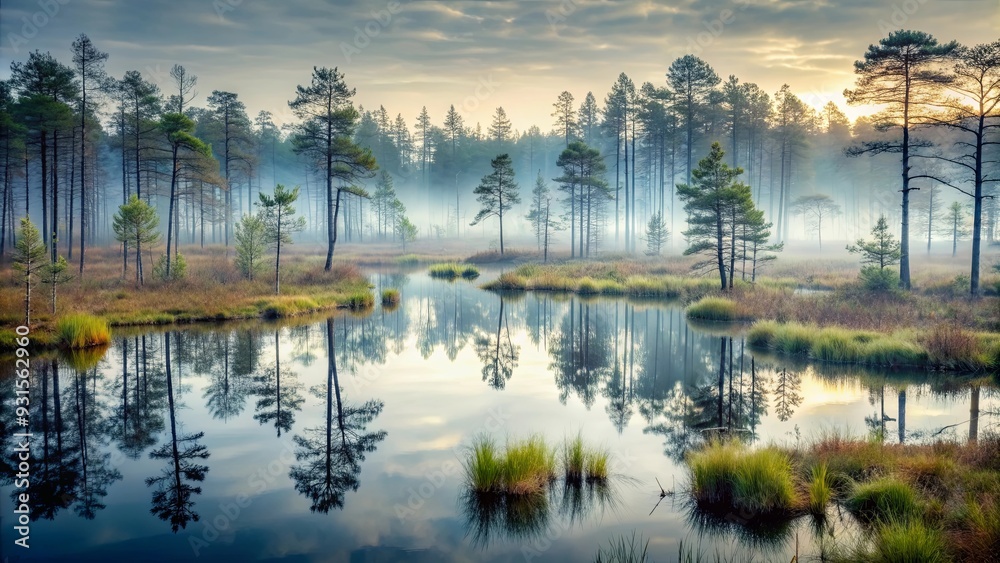 Fototapeta premium Panoramic view of misty swamp in moody forest with copy space, moody, misty, swamp, eerie, empty, desolate, tranquil