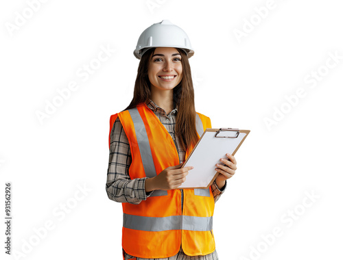 smiling female professional in white hard hat and uniform holding a clipboard, isolated