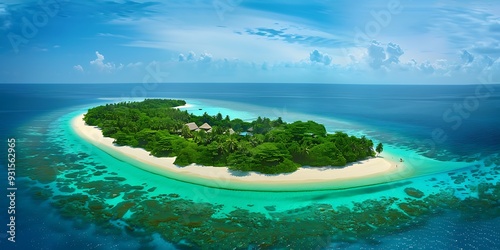 Tropical island with lush greenery and pristine beaches under a blue sky in the Maldives photo