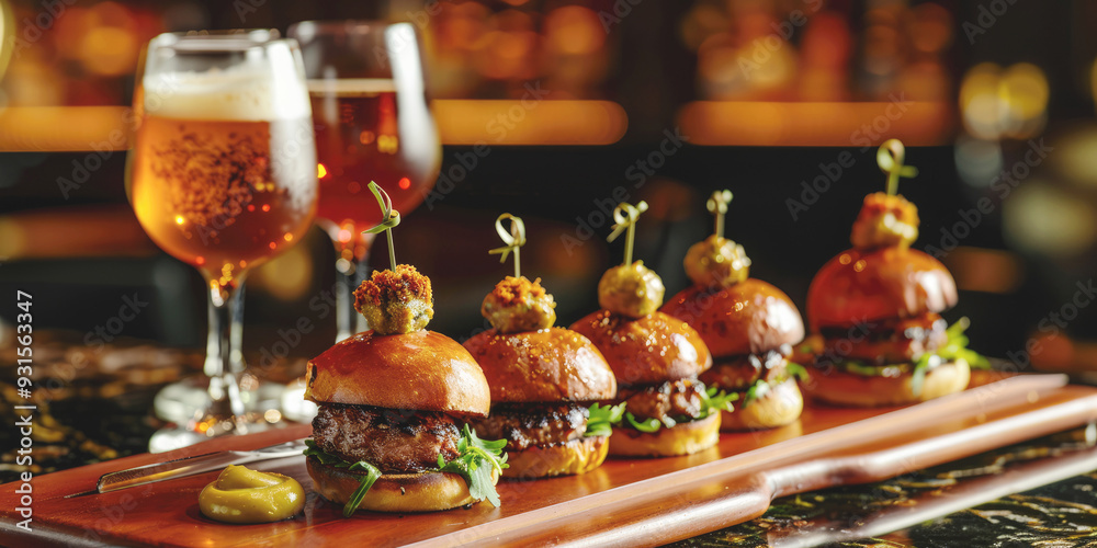 Mini burgers and cold beer in restaurant
