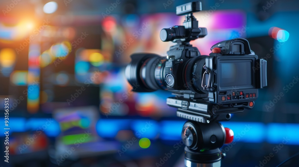 Professional digital camera set up in a vibrant studio, capturing high-quality visuals with a blurred background of colorful screens. Professional digital camera set up in a vibrant studio, capturing high-quality visuals with a blurred background of colorful screens.