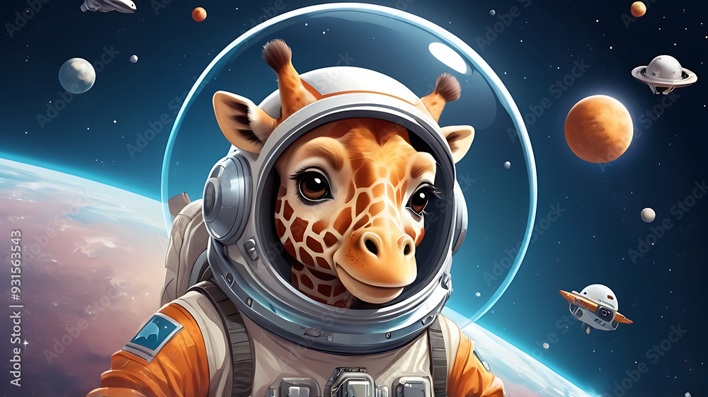 A cute giraffe character as an astronaut, floating in space with a space helmet and suit, near a small spaceship, icon style. A cute giraffe character as an astronaut, floating in space with a space helmet and suit, near a small spaceship, icon style.