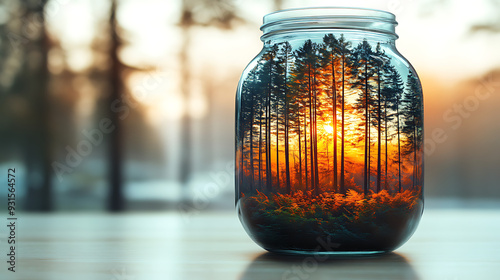 a double exposure photograph showing a jar with a photo of Lush green forest with sunbeams filtering through trees, high-definition, vivid colors, serene atmosphere inside, the photography is 