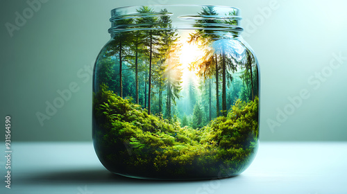 a double exposure photograph showing a jar with a photo of Lush green forest with sunbeams filtering through trees, high-definition, vivid colors, serene atmosphere inside, the photography is 