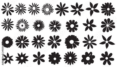 Set of black and white flowers icon silhouette isolated on white background. vector botany floral design. 