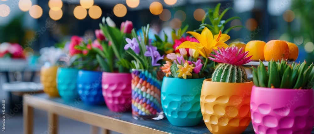 Vibrant potted plants arranged on a table outdoors with blurred string lights in the background, showcasing colorful ceramic pots and various flowers. Vibrant potted plants arranged on a table outdoors with blurred string lights in the background, showcasing colorful ceramic pots and various flowers.