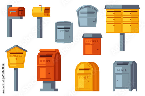 Collection of various mailboxes and postboxes, showcasing different designs and colors for receiving mail and correspondence