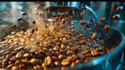 freshly roasted coffee beans in hull of industrial coffee roasting machine : Generative AI photo