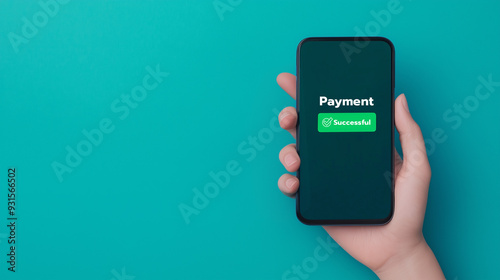 Close-up of a hand holding a smartphone displaying a successful payment confirmation on a teal background, symbolizing digital transactions.
