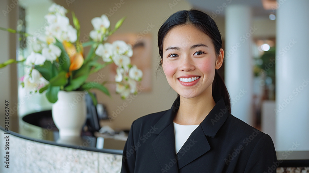 portrait of a confident young asian woman in black formal suit, female receptionist portrait of a confident young asian woman in black formal suit, female receptionist