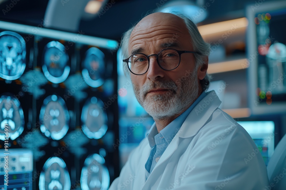 Fototapeta premium Experienced doctor analyzing brain scans in modern medical facility