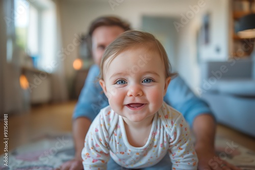 Adorable baby crawling on floor with parent in cozy home