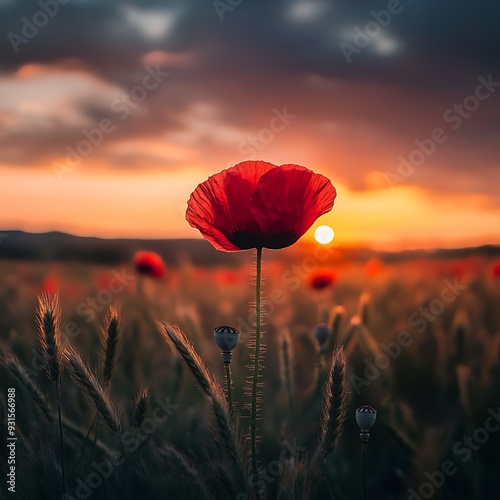 A single poppy flower stands tall in a field of grain at sunset, its red petals backlit by the golden light. The sun is setting behind the flower, casting a warm glow on the scene.