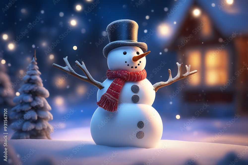 Obraz premium Snowman with winter landscape and snow high quality background