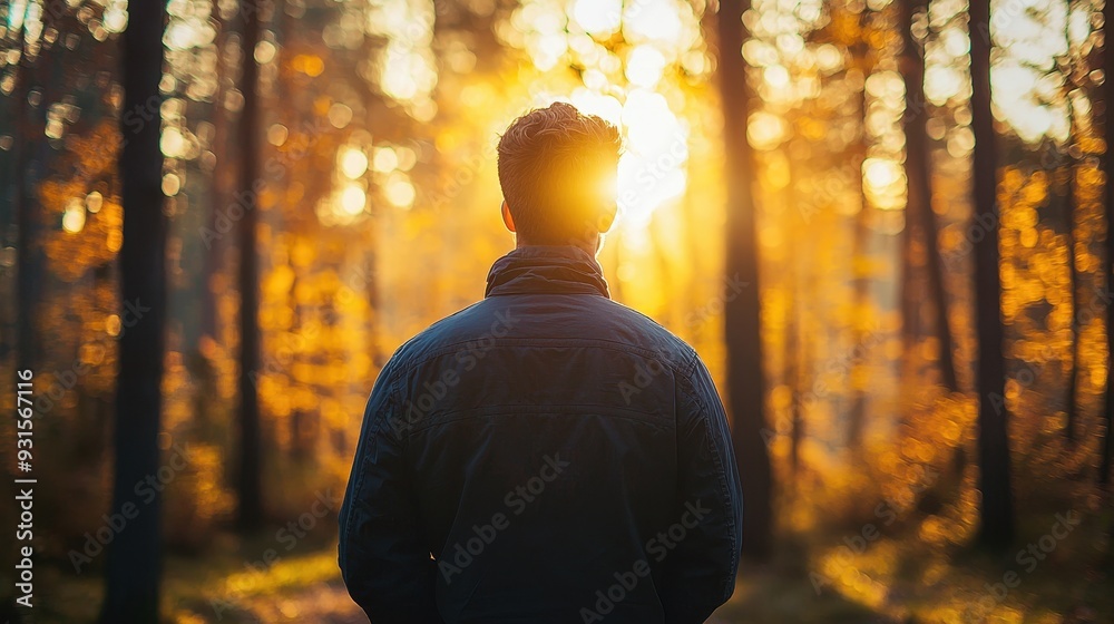 Man From Back Standing in Sunlit Forest. Man From Back Standing in Sunlit Forest.