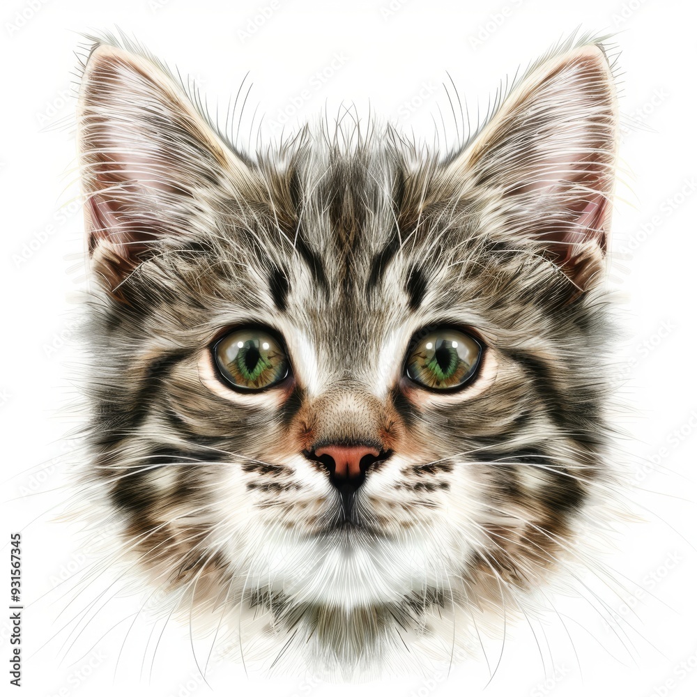 Feline Portrait with Green Eyes On White Background. Tabby Cat Whiskers and Fur Feline Portrait with Green Eyes On White Background. Tabby Cat Whiskers and Fur