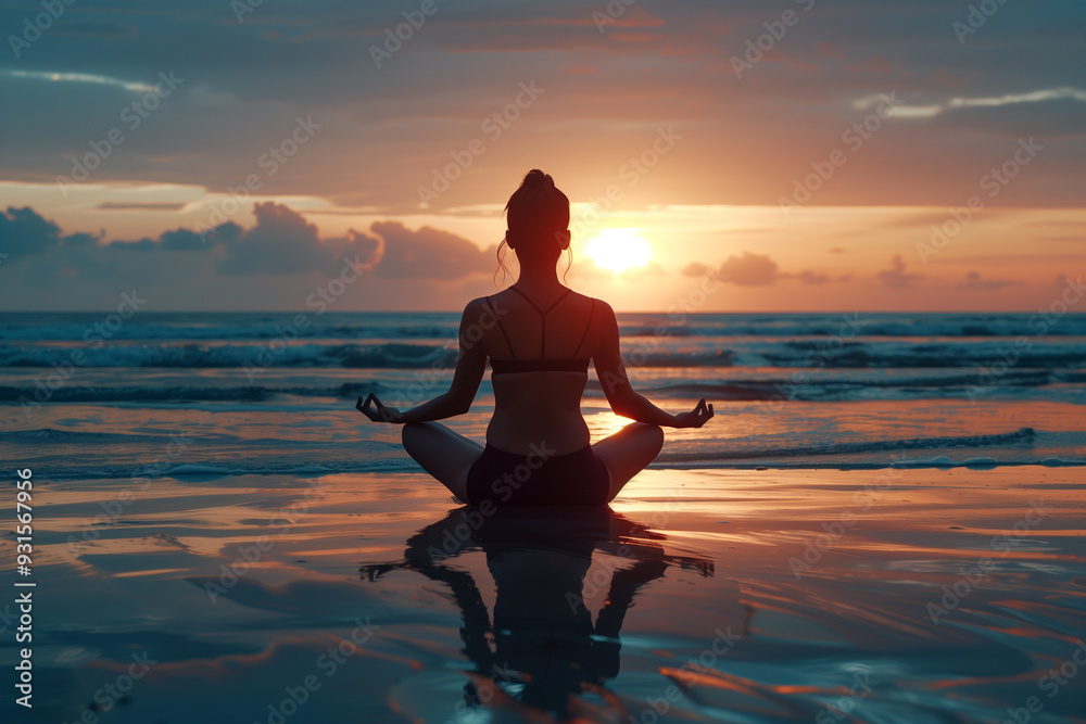 Back View of a Woman Practicing Yoga at Sunset on the Beach Back View of a Woman Practicing Yoga at Sunset on the Beach