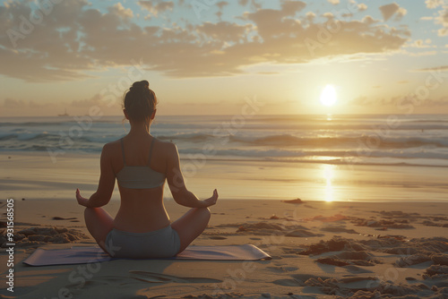 Back View of a Woman Practicing Yoga at Sunset on the Beach