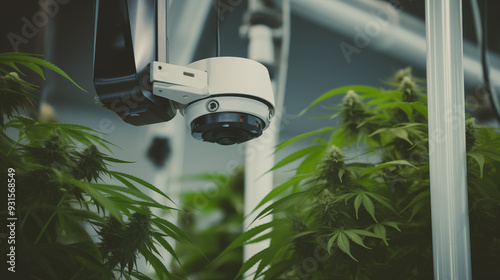 Advanced Security Camera in a Cannabis Cultivation Facility with Greenery in the Background