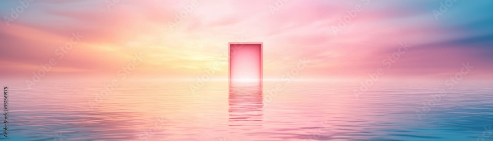 Fototapeta premium A surreal scene featuring a luminous door floating above calm waters, set against a pastel sunset sky.
