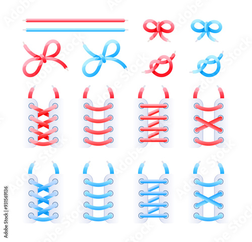 Different options for tying shoelaces, a set of knots in red and blue on a white background