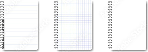 Set of blank lined, squared and empty notebooks. Blank notebook for homework and exercises. Vector pads paper with shadow on transparent background