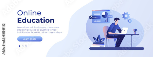 Online education concept. Vector layout for website page. Illustration in flat style with people studying remotely. Students learning online at home. Vector illustration EPS 10