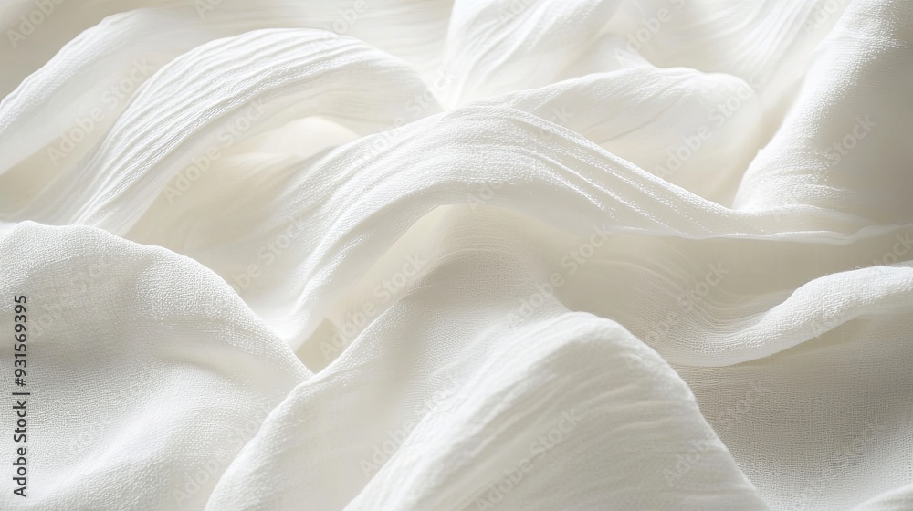 Macro close-up of white fabric with a crumpled texture, emphasizing the natural beauty of the wrinkles with soft lighting to create a peaceful and serene background. Macro close-up of white fabric with a crumpled texture, emphasizing the natural beauty of the wrinkles with soft lighting to create a peaceful and serene background.