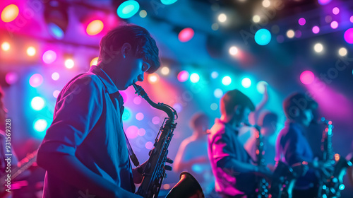  Saxophonist Performing with Jazz Band Under Colorful Stage Lights