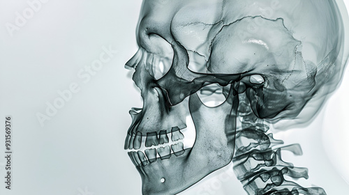 human anatomy, Reversed contrast skull film, Detailed Human skull X-ray image, anatomical X-ray, reversed imaging, medical skull photo