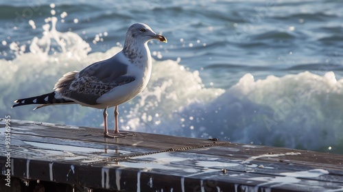 Seagull perched on a pier with the ocean waves crashing in the background photo