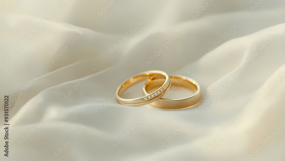Elegant golden rings on soft fabric with romantic bokeh effect Elegant golden rings on soft fabric with romantic bokeh effect
