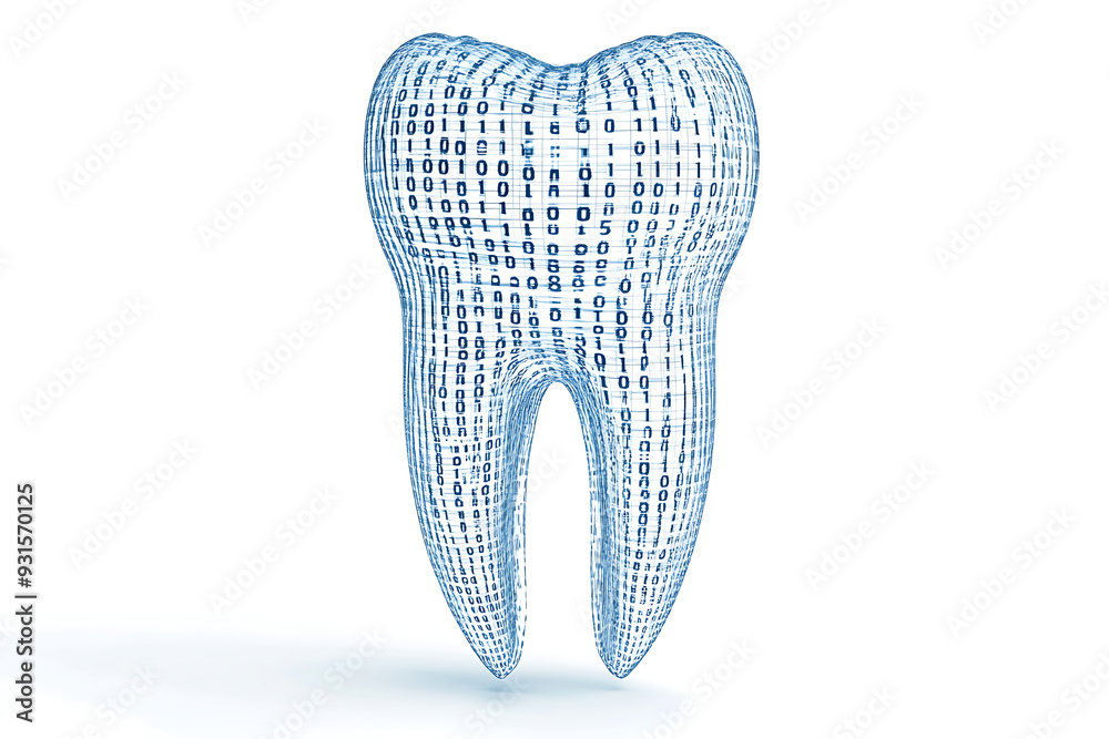 Isolated tooth silhouette from binary code in wireframe style on white background