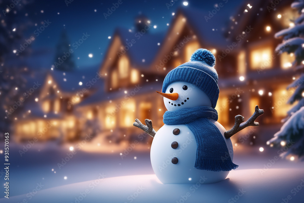Obraz premium Snowman with winter landscape and snow high quality background 