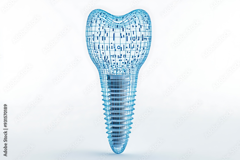 An isolated silhouette of a dental implant, intricately formed from binary code in a wireframe plexus style An isolated silhouette of a dental implant, intricately formed from binary code in a wireframe plexus style
