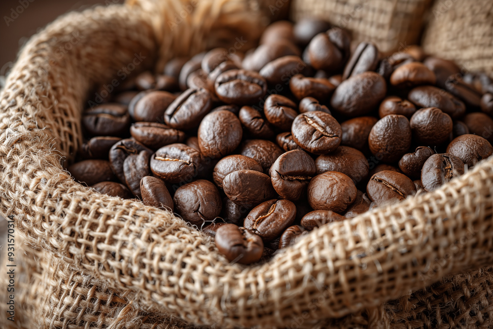 Close-up of roasted coffee beans in a canvas bag Close-up of roasted coffee beans in a canvas bag
