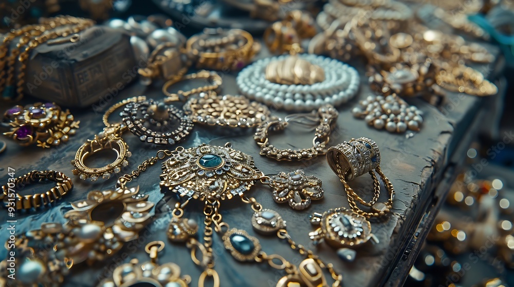 Fototapeta premium Scattering of different jewelry on a flea market counter : Generative AI