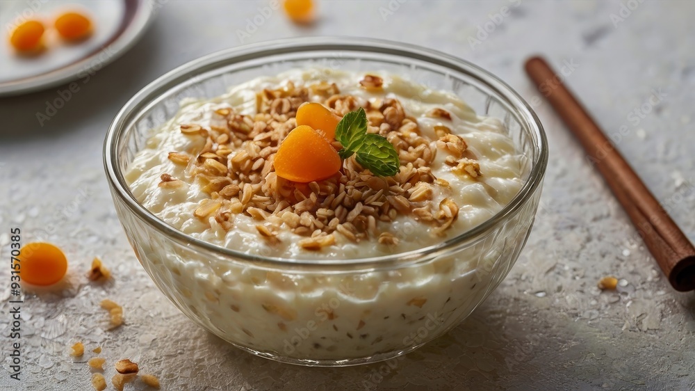 Morning porridge with dried fruits on a light table Morning porridge with dried fruits on a light table