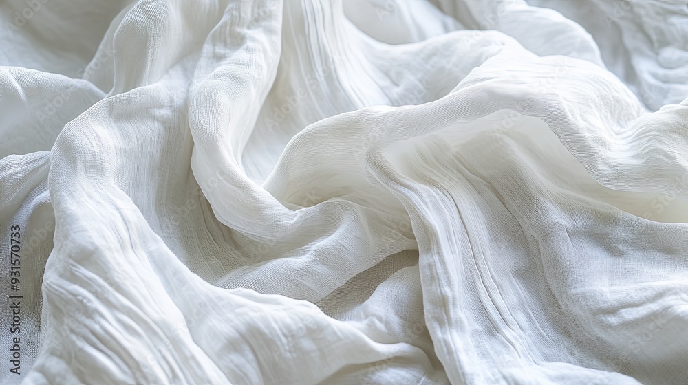 Close-up macro image of crumpled white bedding fabric, showcasing the intricate details and soft texture with gentle lighting for a serene and elegant background. Close-up macro image of crumpled white bedding fabric, showcasing the intricate details and soft texture with gentle lighting for a serene and elegant background.