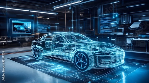 Automotive Digital Twin A detailed digital representation of a car being tested and analyzed within a virtual environment