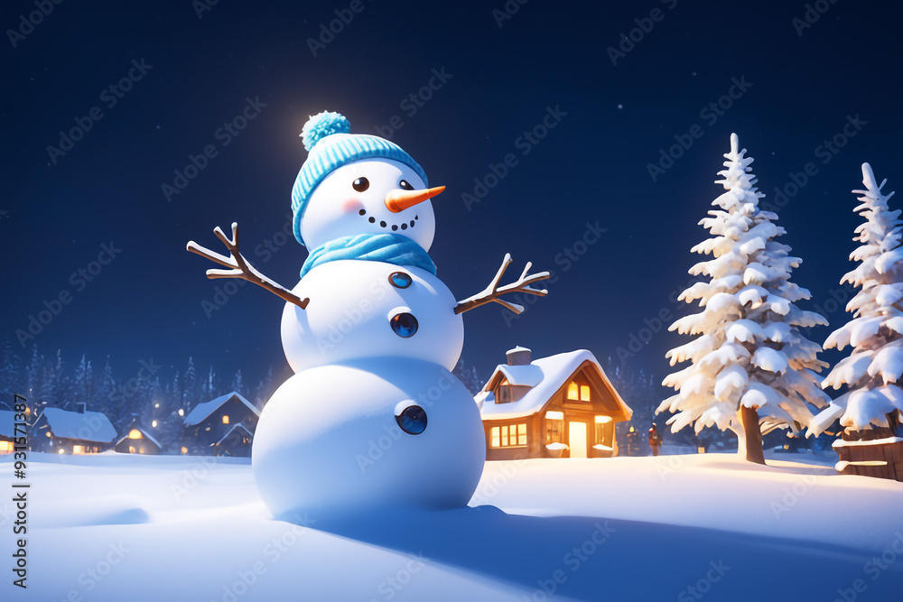 Obraz premium Snowman with winter landscape and snow high quality background 