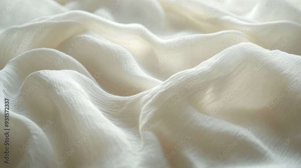 Detailed macro close-up of white fabric with a crumpled texture, emphasizing the fine details and delicate folds with soft lighting for a calm and inviting background. Detailed macro close-up of white fabric with a crumpled texture, emphasizing the fine details and delicate folds with soft lighting for a calm and inviting background.