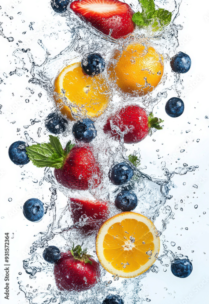 dynamic explosion of water and fresh fruits, with an array of colorful oranges, strawberries, blackberries, kiwi slices, mint leaves, and water droplets in mid-air against a white background dynamic explosion of water and fresh fruits, with an array of colorful oranges, strawberries, blackberries, kiwi slices, mint leaves, and water droplets in mid-air against a white background