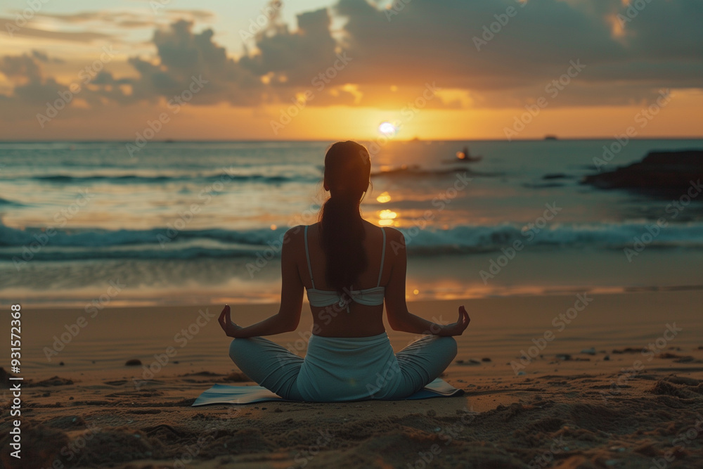 Fototapeta premium Back View of a Woman Practicing Yoga at Sunset on the Beach
