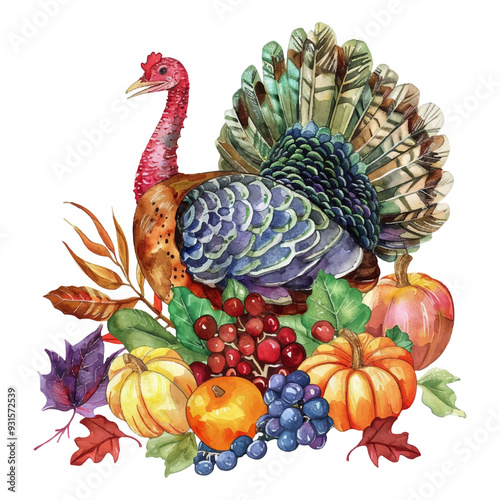 Wallpaper Mural Turkey with autumn harvest on a transparent background. Thanksgiving symbol. Turkey with autumn pumpkins, grapes and autumn leaves. Autumn motifs. Vector illustration. Torontodigital.ca