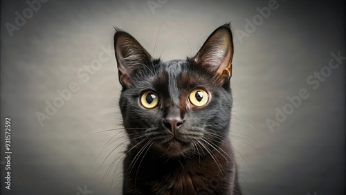 Surprised black cat with wide eyes and perked ears against a minimalist backdrop, curious, pet, animal, feline, surprised, eyes