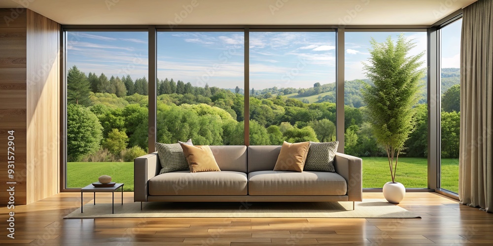Modern interior with sofa and summer landscape view from window, modern, interior, sofa, summer, landscape, window Modern interior with sofa and summer landscape view from window, modern, interior, sofa, summer, landscape, window