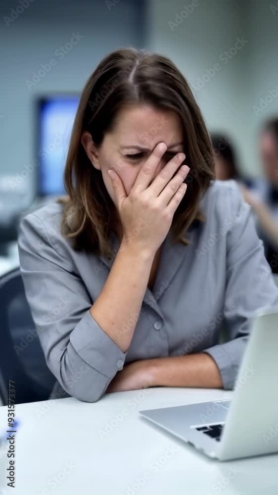 A businesswoman in a gray suit, sitting at his desk with a frustrated and exhausted expression. A businesswoman in a gray suit, sitting at his desk with a frustrated and exhausted expression.